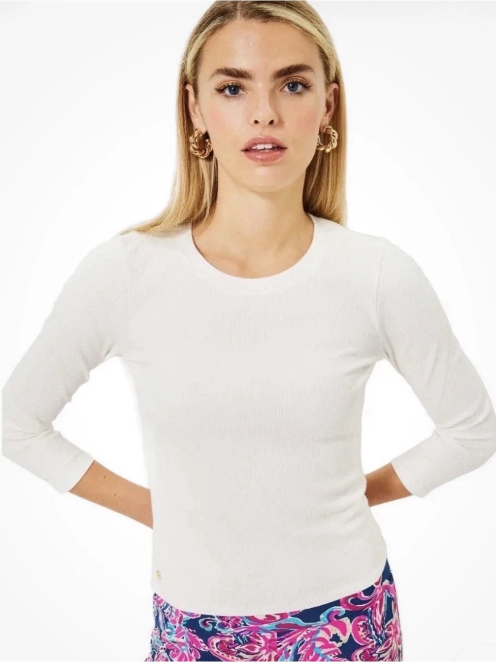 Lilly Pulitzer Alans Knit Top White Women Xl Ribbed Shirt Resort Preppy Classic